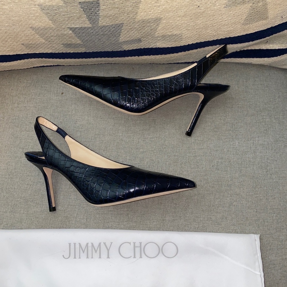 Jimmy Choo Ivy 85 Navy croc embossed leather slingback pumps NWT sz 5/35 - Picture 12 of 12